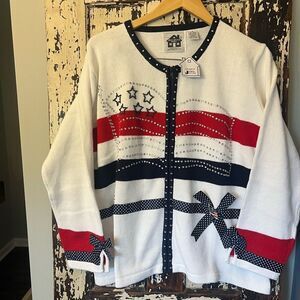 Storybook Knits NWT White Cardigan with ribbons and crystal embellishments 1X